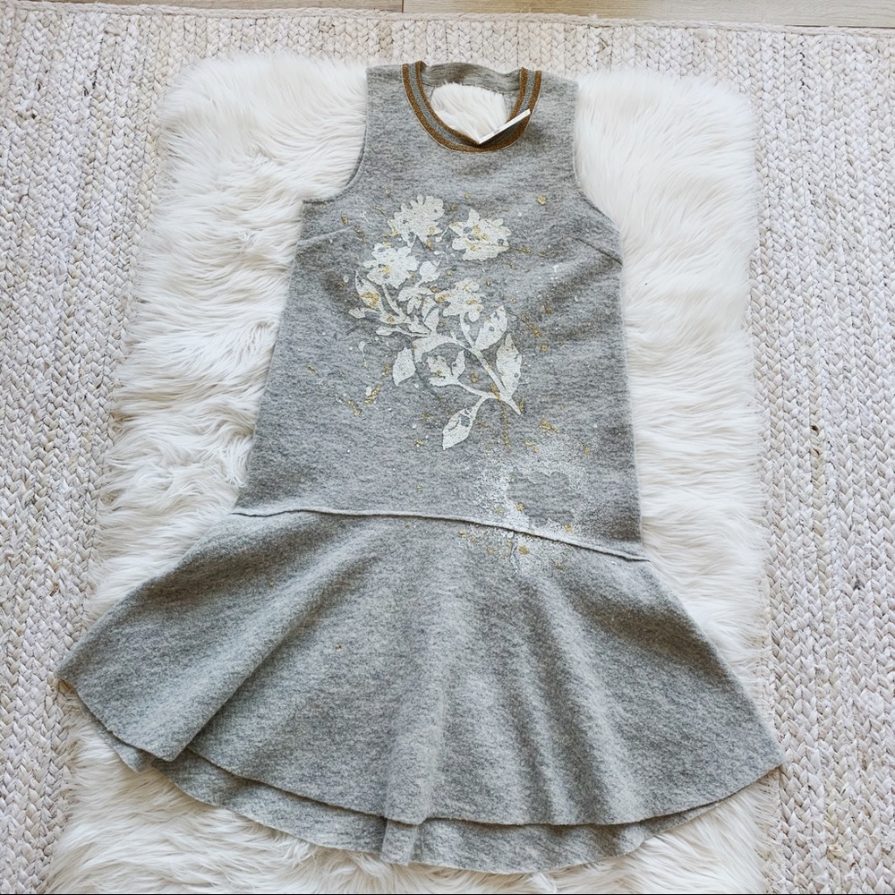 Sleeveless Gray Floral Knit Dress with Gold Accents